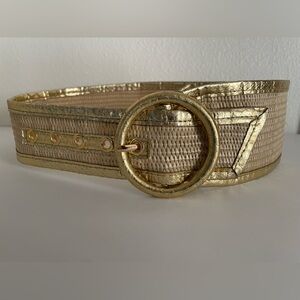 S: Straw/Leather/Snake Wide Belt Metallic Gold/Natural Tan (26-30”) Vintage